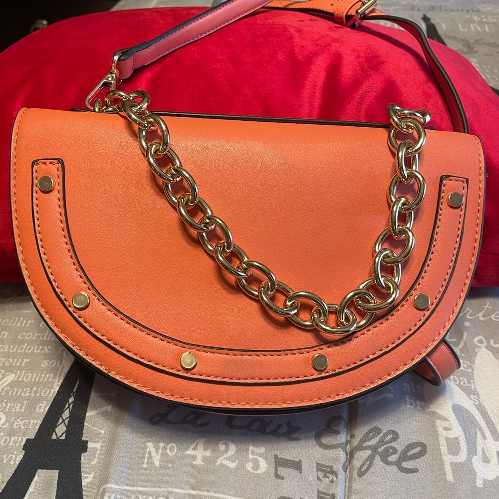 Chic Orange Crossbody Bag with Gold Chain